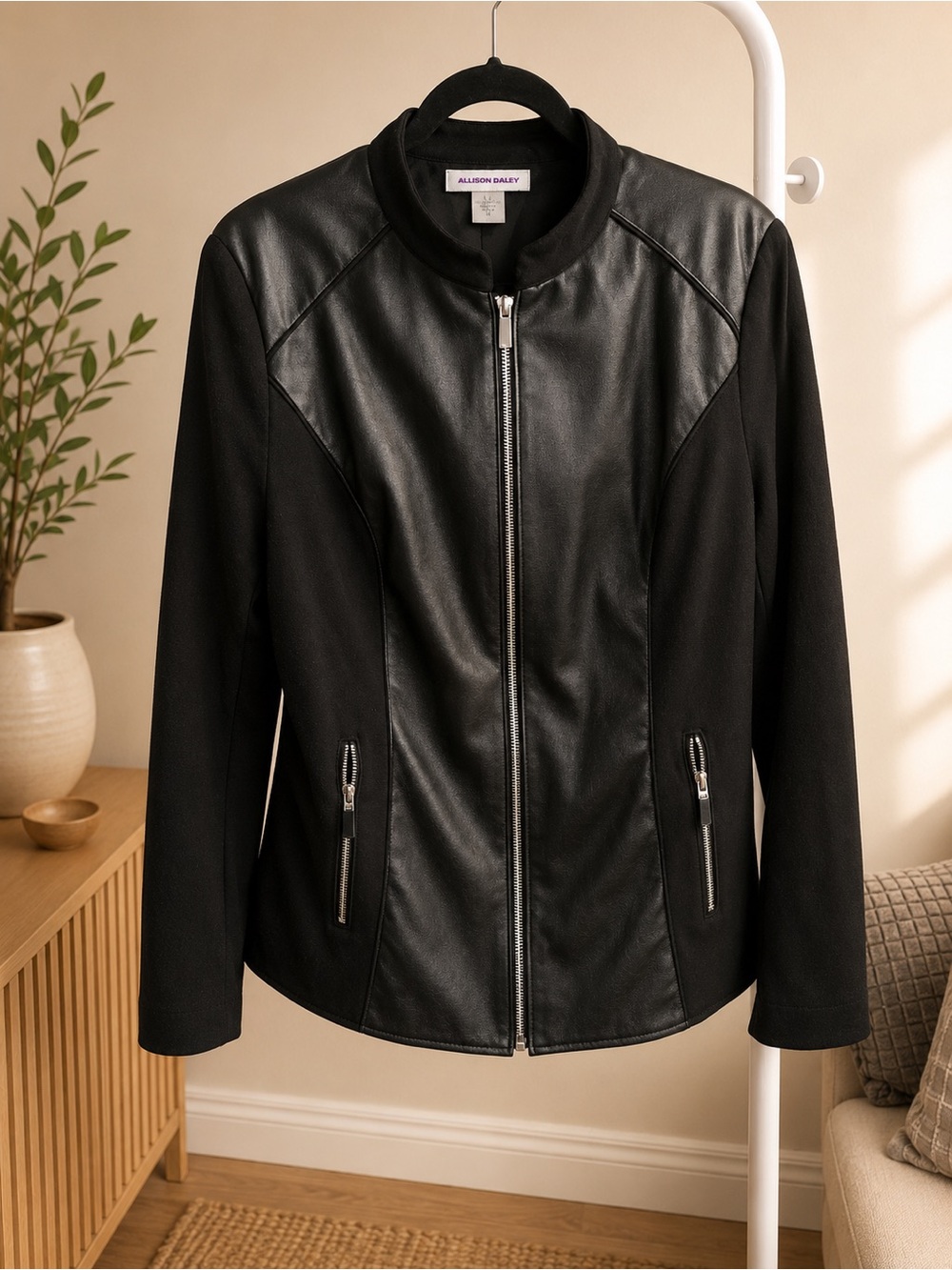 Allison Daley Black Faux Leather Panel Zip-Front Jacket